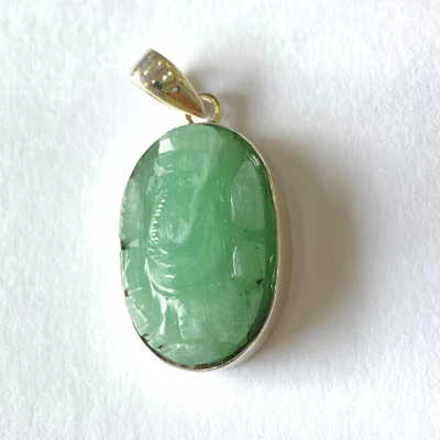 Green Jade Ganesh Silver Pendant